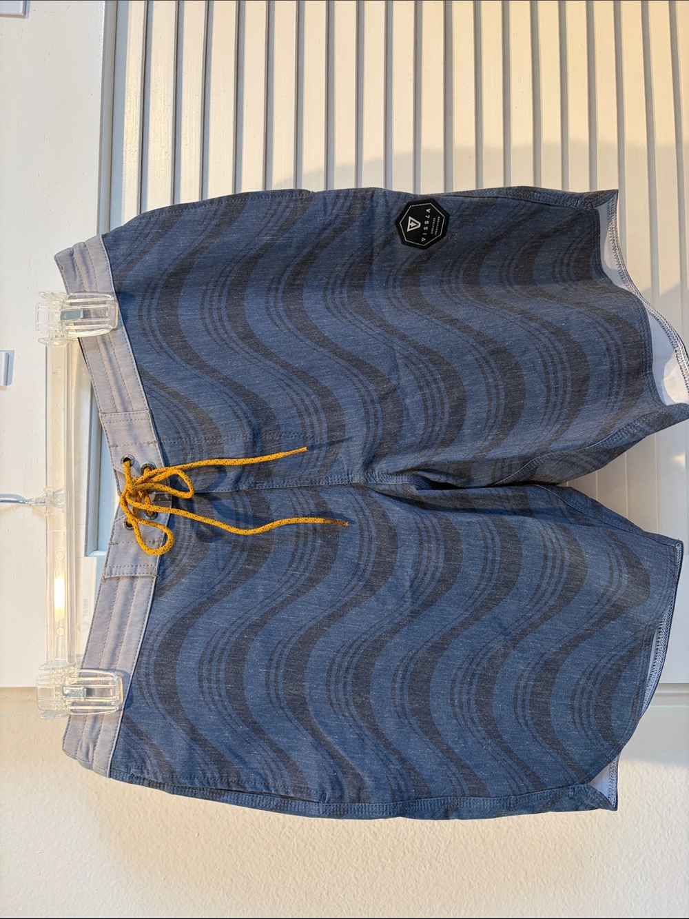 VISSLA Navy Wave-Pattern Swim Shorts with Charcoal Accents